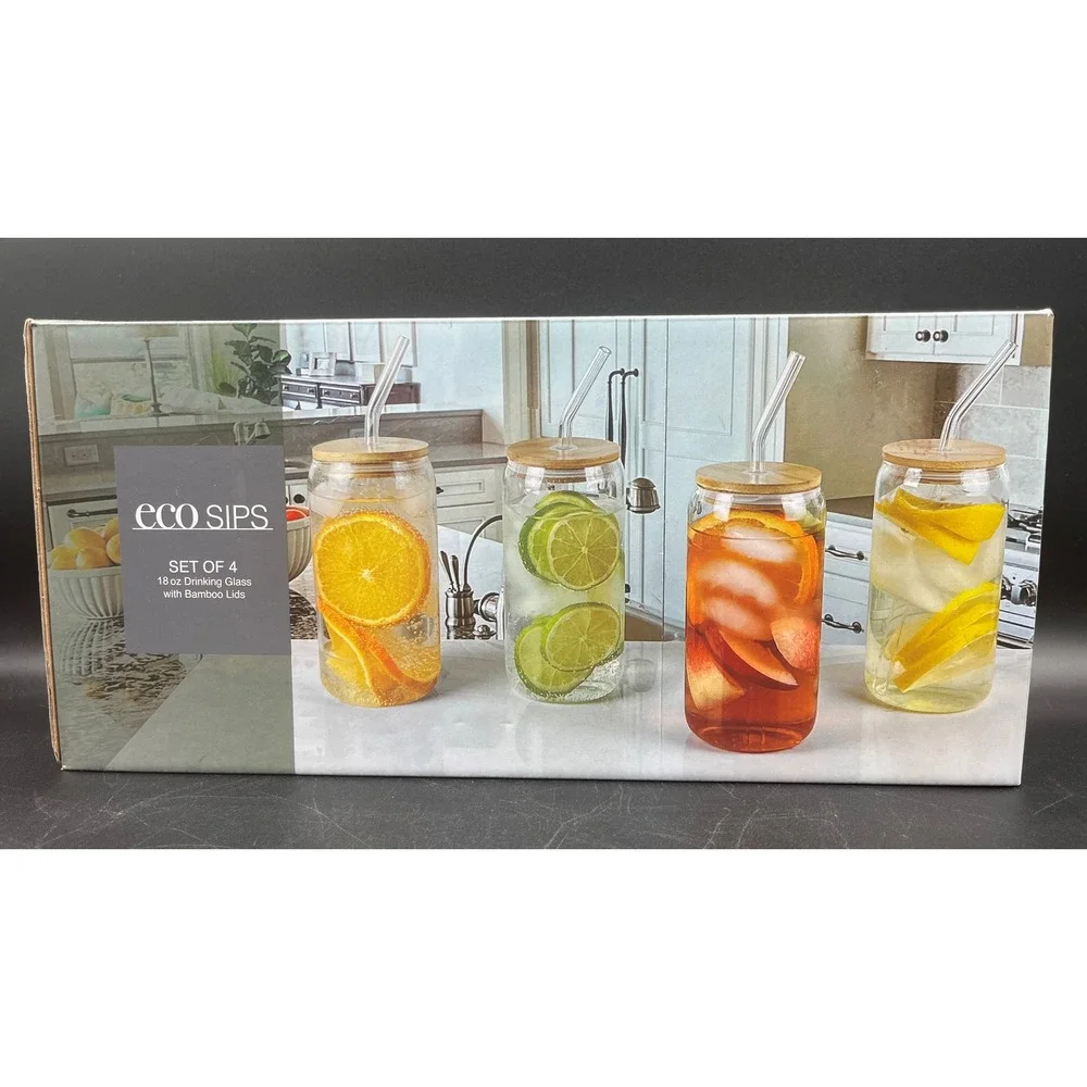 Eco Sips Set of 4 18oz‎ Drinking Glass with Bamboo Lids and Glass Straws NEW